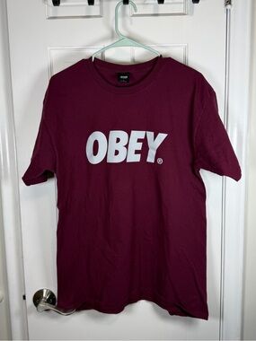 Obey Men’s Short Sleeve Logo Tee — Burgundy with White Print Size Large
